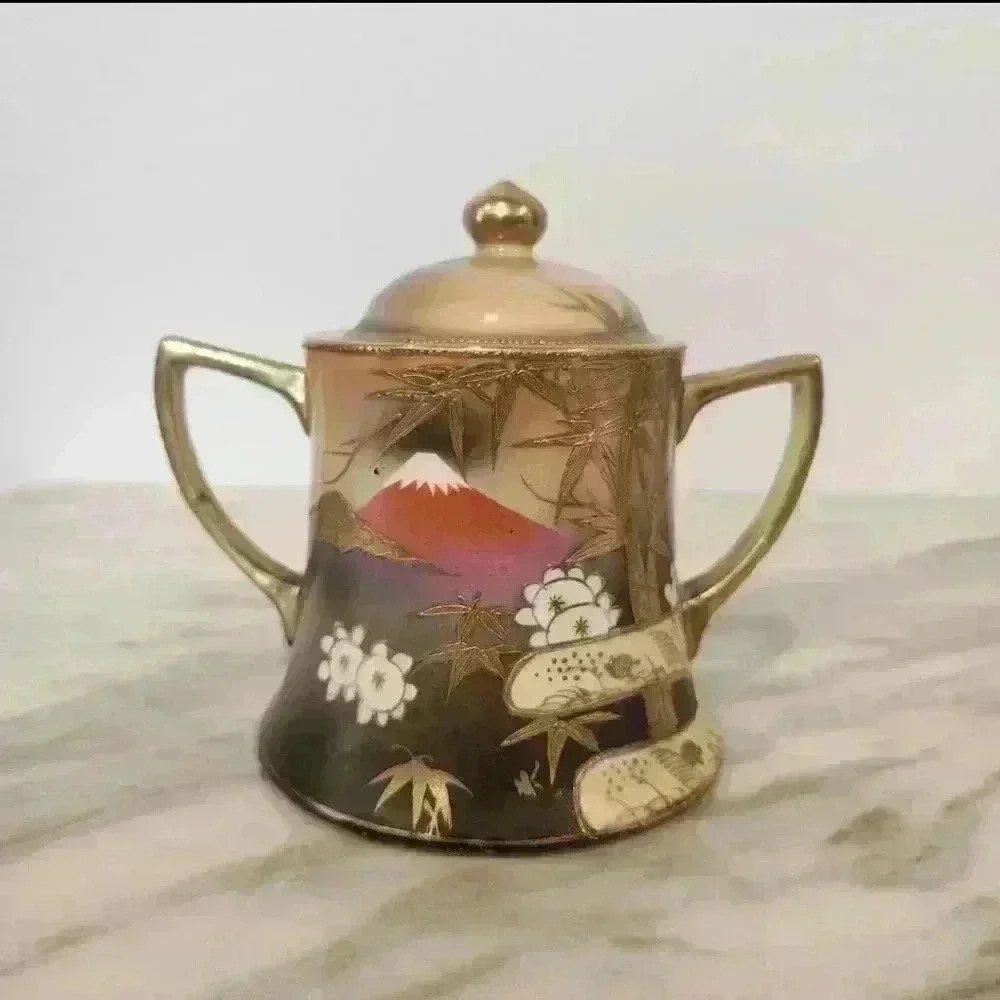 Vintage 1950s Hand-Painted Japanese Porcelain Gold Gilt Lidded Sugar Bowl